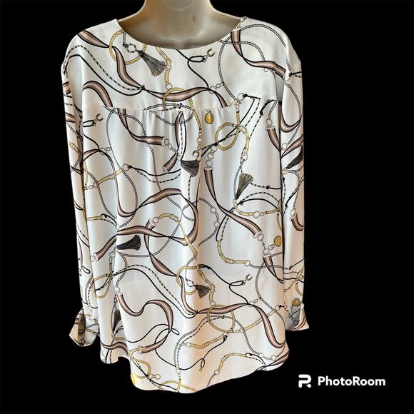 Ann Taylor Tassel Print Shirred Neck Button Front Blouse Womens XL Cream Black - Picture 5 of 10